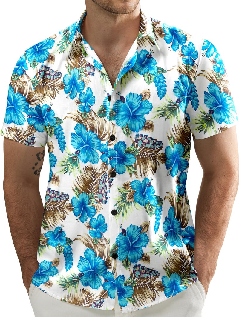 JOGAL Men's Flower Casual Short Sleeve Aloha Hawaiian Shirt Medium Blue - Image 1
